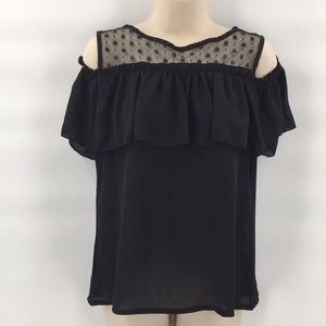 NWT Sheer Dot Cold Shoulder Ruffle Blouse Black M